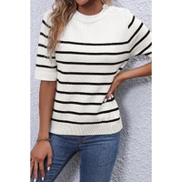 White Stripe Striped Half Sleeve Knitted Tee - L thumbnail