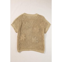 Light French Beige Crochet Flower Hollow-out Sweater T Shirt - L thumbnail