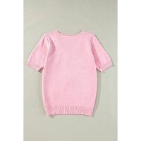 Pink Flower Crochet V Neck Short Sleeve Sweater - M thumbnail
