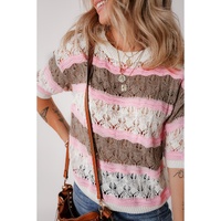 Brown Stripe Color Block Hollow Out Crochet Half Sleeve Sweater - L thumbnail