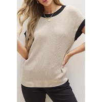 Light French Beige Contrast Trim Round Neck Batwing Sleeve Sweater Top - XL thumbnail