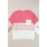 Strawberry Pink Contrast Stripes V Neck Knitted Short Sleeve Top - M thumbnail