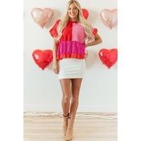 Tomato Red Mix Knitted Patchwork Ruffle Trim Loose Sweater - S thumbnail