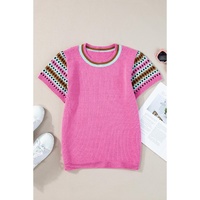 Bright Pink Contrast Printed Cap Sleeves Crewneck Sweater - M thumbnail