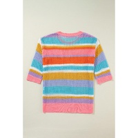 Pink Stripe Colorblock Hollowed Crochet 3/4 Sleeve Sweater - XL thumbnail