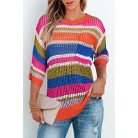 Orange Stripe Colorblock Hollowed Crochet 3/4 Sleeve Sweater - M thumbnail
