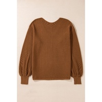 Camel Ribbed Knit Drop Sleeve V Neck Loose Fit Sweater - S thumbnail