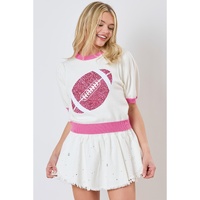 Pink Sequin Rugby Color Block Puff Short Sleeve Sweater - L thumbnail