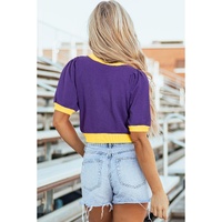 Purple Sequin Rugby Color Block Puff Short Sleeve Sweater - XL thumbnail