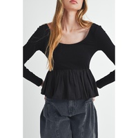 Black Ribbed Knit Long Sleeve Scoop Neck Peplum Patchwork Top - M thumbnail