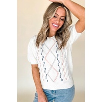 White Multicolor Stitch Detail Cable Knit Short Sleeve Sweater - L thumbnail