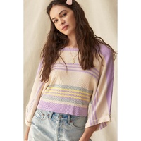 Purple Stripe Borderline Rib Knit Cuffed Dolman Sleeve Sweater - L thumbnail