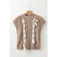 Simply Taupe Cable Knit Colorblock Satin Bowknot Short Sleeve Sweater - L thumbnail