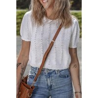 White Pointelle Knit Short Puff Sleeve Crewneck Sweater - M thumbnail