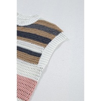 Pink Stripe Color Block Eyelet Knit Short Sleeve Sweater Tee - L thumbnail