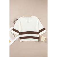 Brown Striped Accent Notched V Neck Cropped Sweater T Shirt - M thumbnail