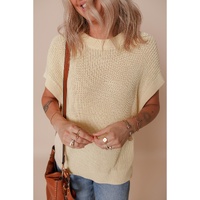 Oatmeal Solid Color Batwing Short Sleeve Round Neck Knit T Shirt - L thumbnail