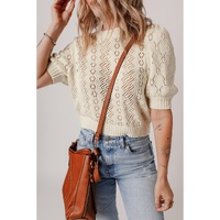 Beige Hollowed Pattern Knit Short Puff Sleeve Sweater - L thumbnail
