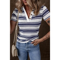 Dark Blue Stripe Collared Button V Neck Knitted T Shirt - L thumbnail