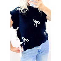 Black Bow Print Side Ties Scalloped Hem Sweater T Shirt - L thumbnail