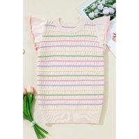 Oatmeal Colorful Striped Eyelet Knit Ruffled Sleeve Sweater T Shirt - S thumbnail