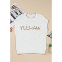 White Knitted YEEHAW Stitch Edge Crew Neck Sweater T Shirt - L thumbnail