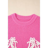 Bright Pink Western Horse Embroidered Round Neck Sweater Tee - S thumbnail