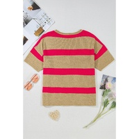 Pink Stripe Colorblock Short Sleeve Crew Neck Lightweight Sweater - S thumbnail