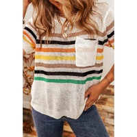 White Striped Pocketed Loose Fit Crewneck Knitted T Shirt - M thumbnail