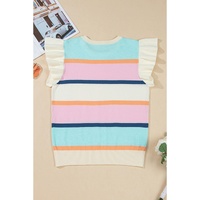 Multicolour Striped Color Block Flutter Sleeve Patchwork Sweater Top - S thumbnail