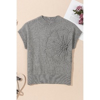 High Flower Pattern Ribbed Trim Short Sleeve Boxy Sweater - XL thumbnail