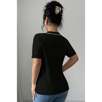 Black Pearl Bow Necklace Embellished Short Sleeve Knitted T Shirt - L thumbnail