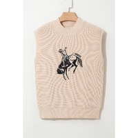 Oatmeal HOWDY Rodeo Cowboy Graphic High Neck Short Sleeve Sweater - M thumbnail