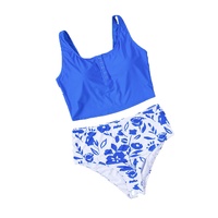 Blue Square Neck Sleeveless Fashion Print Tankini Set - S thumbnail