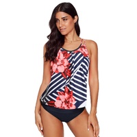 Fiery Red Floral Print Criss Cross Hollow-out Tankini Swimwear - M thumbnail