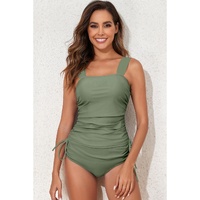 Mist Green Drawstring Ruched Wide Straps Tankini Set - L thumbnail