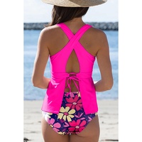 Rose V Neck Ruffled Hem Floral Bottom Tankini Set - L thumbnail