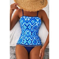 Navy Blue Abstract Print Frilled Trim Spaghetti Straps Tankini Set - L thumbnail