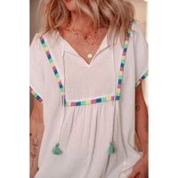 White Colorful Fringed Detail Tassel Tie Neck Short Sleeve Blouse - S thumbnail