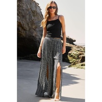 Black Printed Striped Printed Slit Wide Leg High Waist Pants - L thumbnail