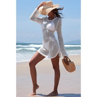 White Hollowout Knit Bell Sleeve Drawstring Short Beach dress - 2XL thumbnail