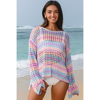 Purple Multi Stripe Open Knit Sweater Beach Cover Up - S thumbnail