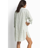 White Stripe Collared V Neck Chest Pocket Long Sleeve Beach Cover up - L thumbnail
