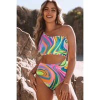 Multicolor Abstract Swirl Print Asymmetric Cutout One Piece Swimsuit - XL thumbnail