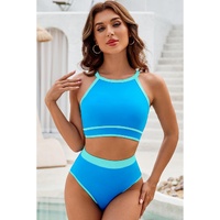 Blue Contrast Trim Crisscross Back High Waisted Bikini - L thumbnail