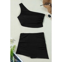 Black Pleated Mesh One Shoulder Bikini Top and Skirts Set - L thumbnail