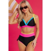 Black Color Block Drawstring Side V Neck High Waist Bikini Set - S thumbnail