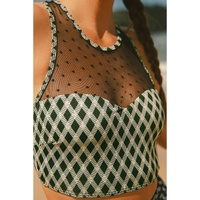 Green Dotted Mesh Plaid Patchwork High Waisted Bikini - S thumbnail