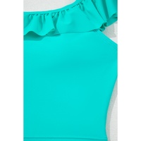 Sea Green Solid Ruffled Square Neck Swim Top and Floral Shorts Bikini Set - L thumbnail