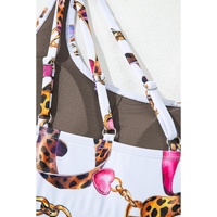 Khaki Abstract Print One Shoulder Ring Linked High Waist Bikini - L thumbnail